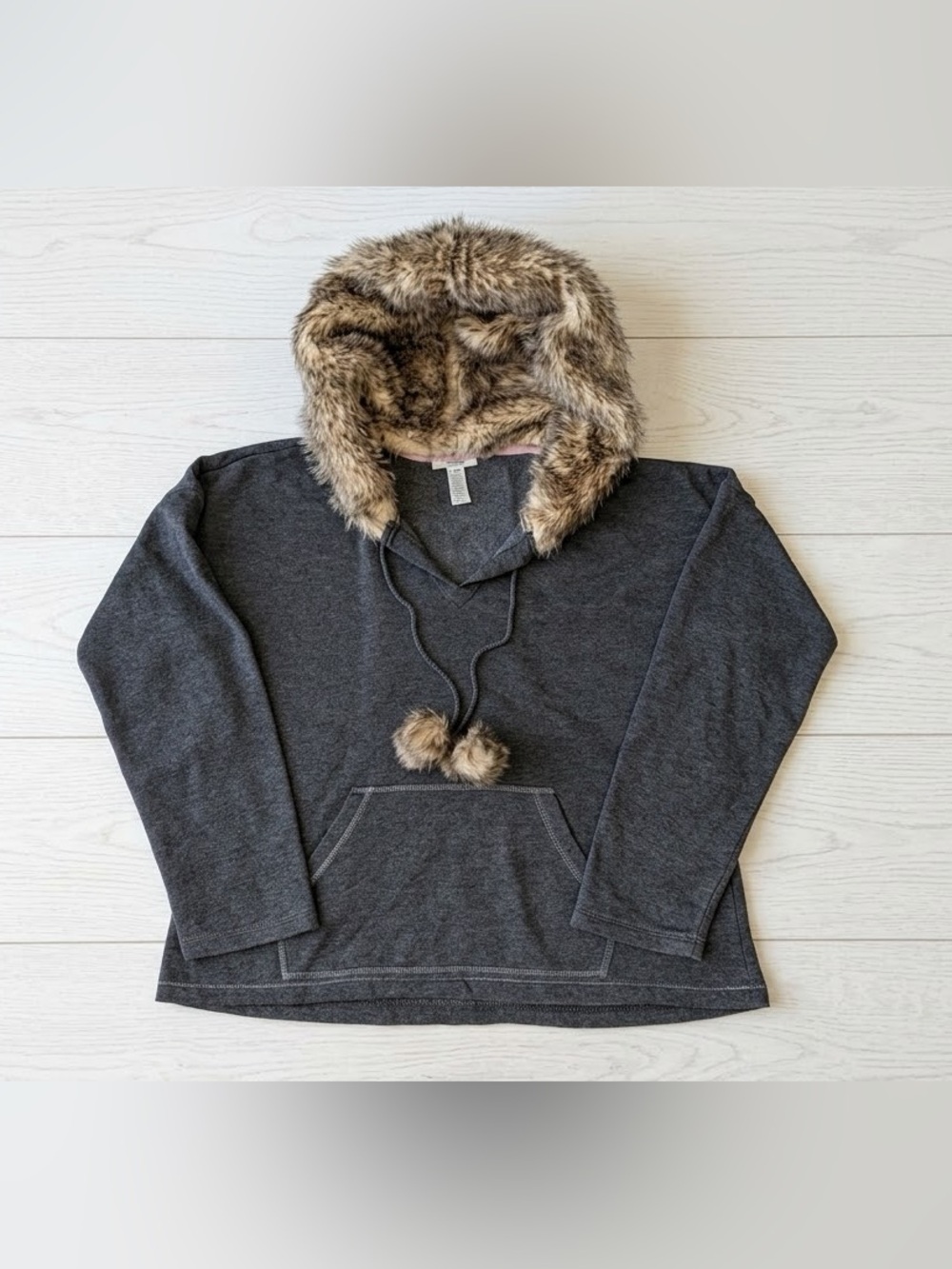 Alfani Intimates Charcoal Grey Fleece Hoodie with Faux Fur Hood - Medium